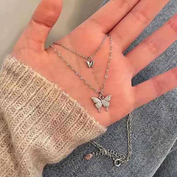 Stainless Steel Silver Double Layered Butterfly Necklace - Picture 4 of 5